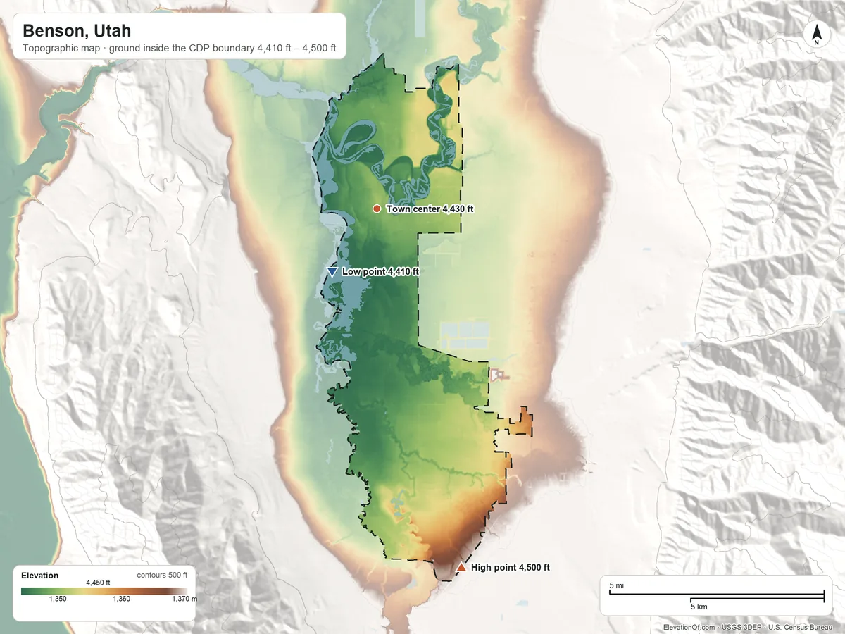 Topographic elevation map of Benson, Utah, shaded from 4,410 ft on the southwest side to 4,500 ft on the south side