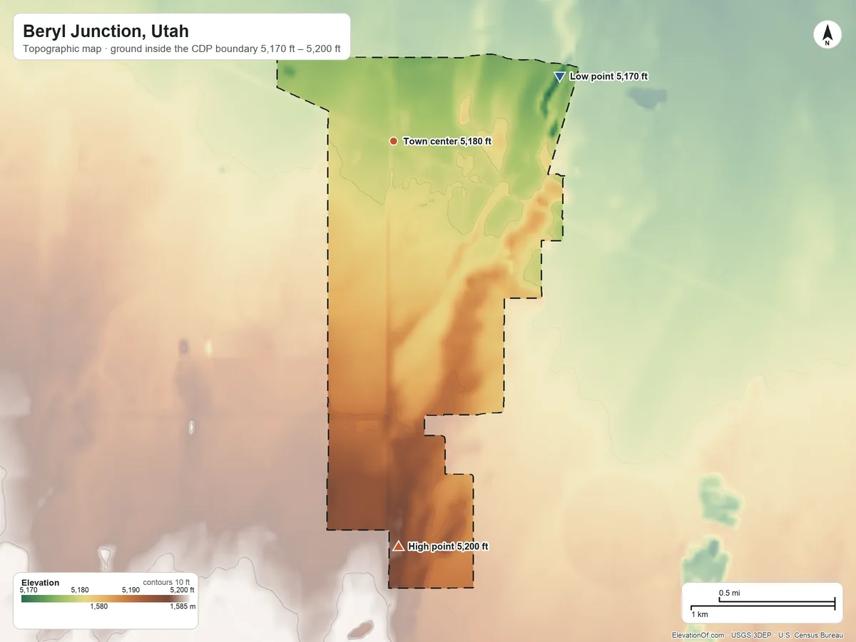 Topographic elevation map of Beryl Junction, Utah, shaded from 5,170 ft on the east side to 5,200 ft on the south side