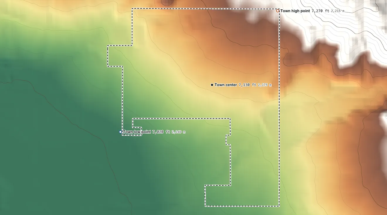 Topographic elevation map of Bicknell, Utah, shaded from 7,020 ft on the southwest side to 7,270 ft at the foot of the The Potholes