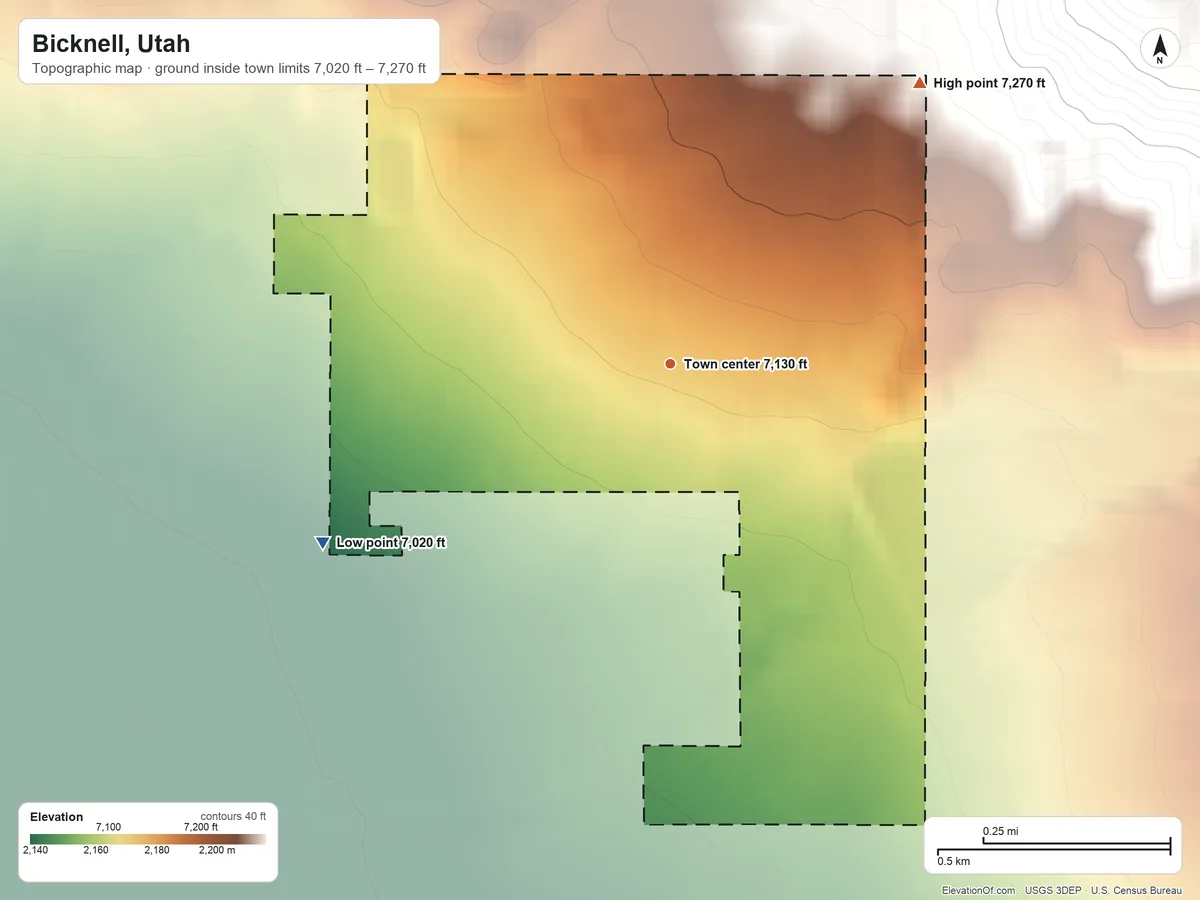 Topographic elevation map of Bicknell, Utah, shaded from 7,020 ft on the southwest side to 7,270 ft at the foot of the The Potholes