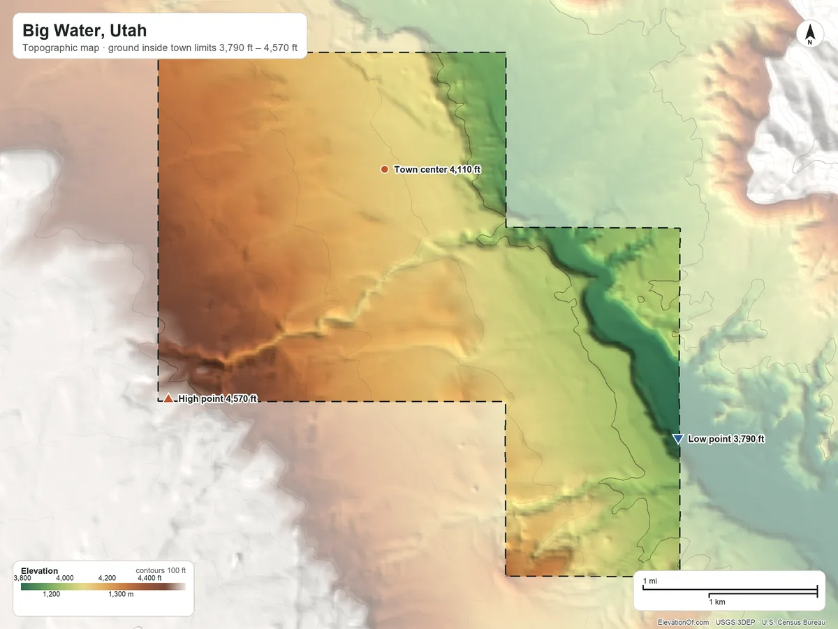 Topographic elevation map of Big Water, Utah, shaded from 3,790 ft on the southeast side to 4,570 ft on the southwest edge, below higher ground just outside