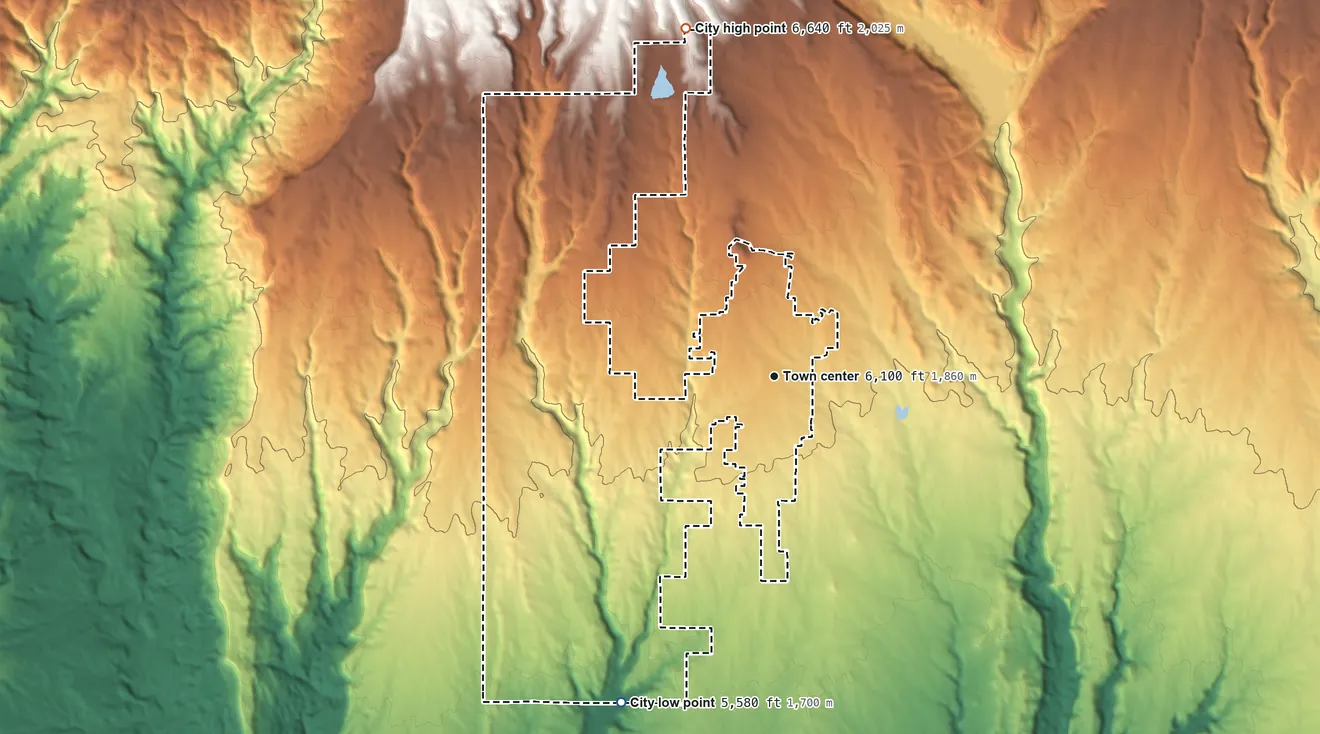 Topographic elevation map of Blanding, Utah, shaded from 5,580 ft on the southwest side to 6,640 ft on the north side
