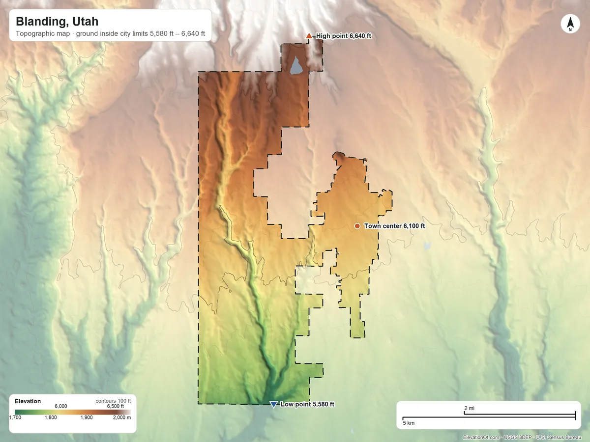 Topographic elevation map of Blanding, Utah, shaded from 5,580 ft on the southwest side to 6,640 ft on the north side