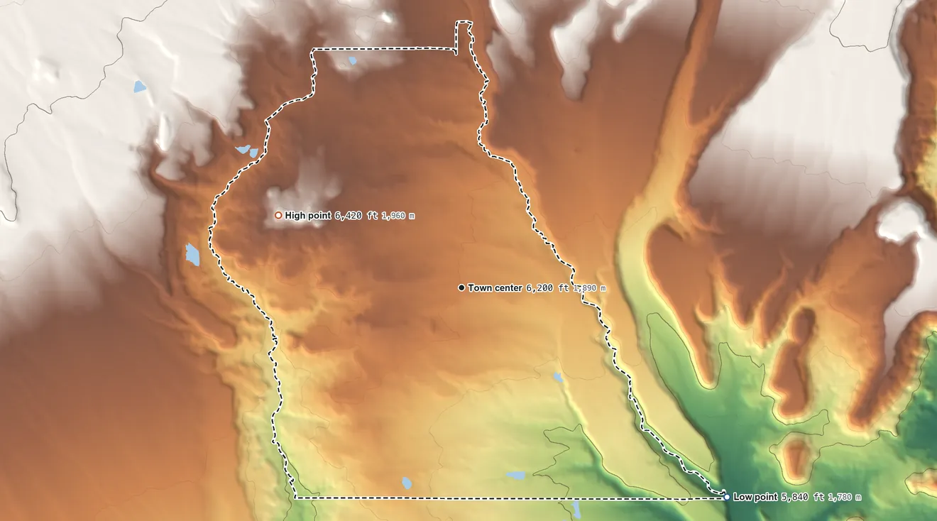 Topographic elevation map of Bluebell, Utah, shaded from 5,840 ft on the southeast side to 6,420 ft on the west side