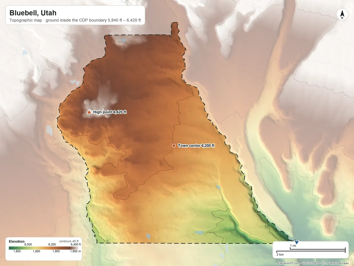 Topographic elevation map of Bluebell, Utah, shaded from 5,840 ft on the southeast side to 6,420 ft on the west side