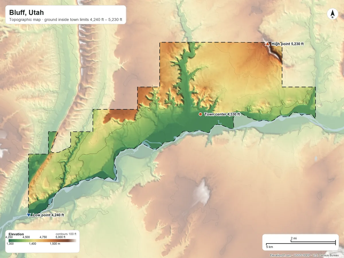 Topographic elevation map of Bluff, Utah, shaded from 4,240 ft on the southwest side to 5,230 ft on the northeast side