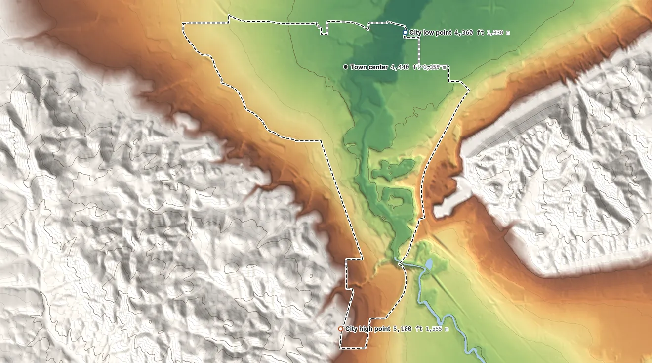 Topographic elevation map of Bluffdale, Utah, shaded from 4,360 ft on the northeast side to 5,100 ft at the foot of the Traverse Mountains