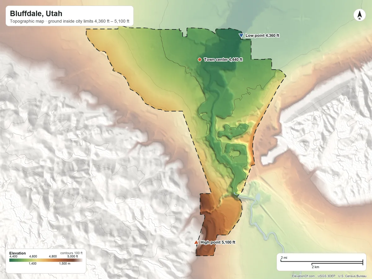 Topographic elevation map of Bluffdale, Utah, shaded from 4,360 ft on the northeast side to 5,100 ft at the foot of the Traverse Mountains