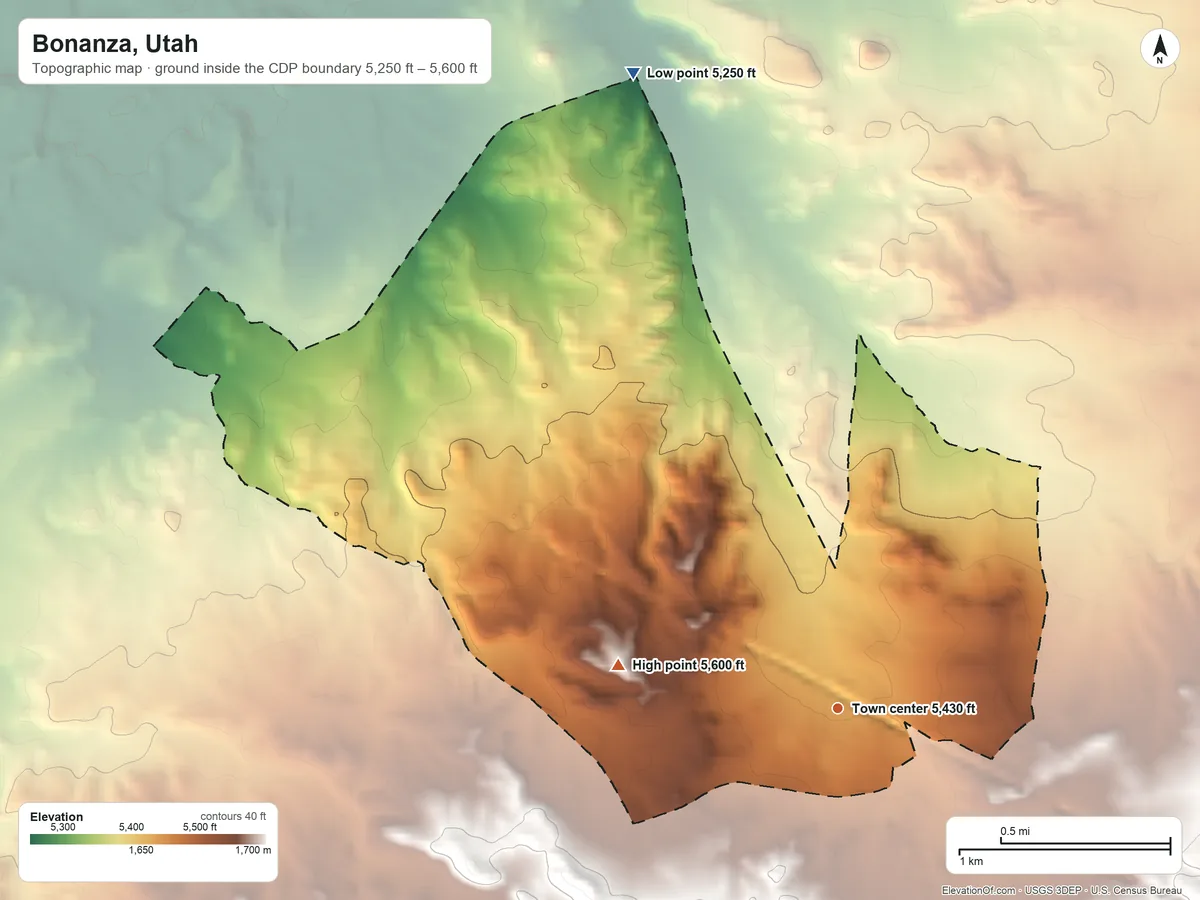Topographic elevation map of Bonanza, Utah, shaded from 5,250 ft on the north side to 5,600 ft on the west side