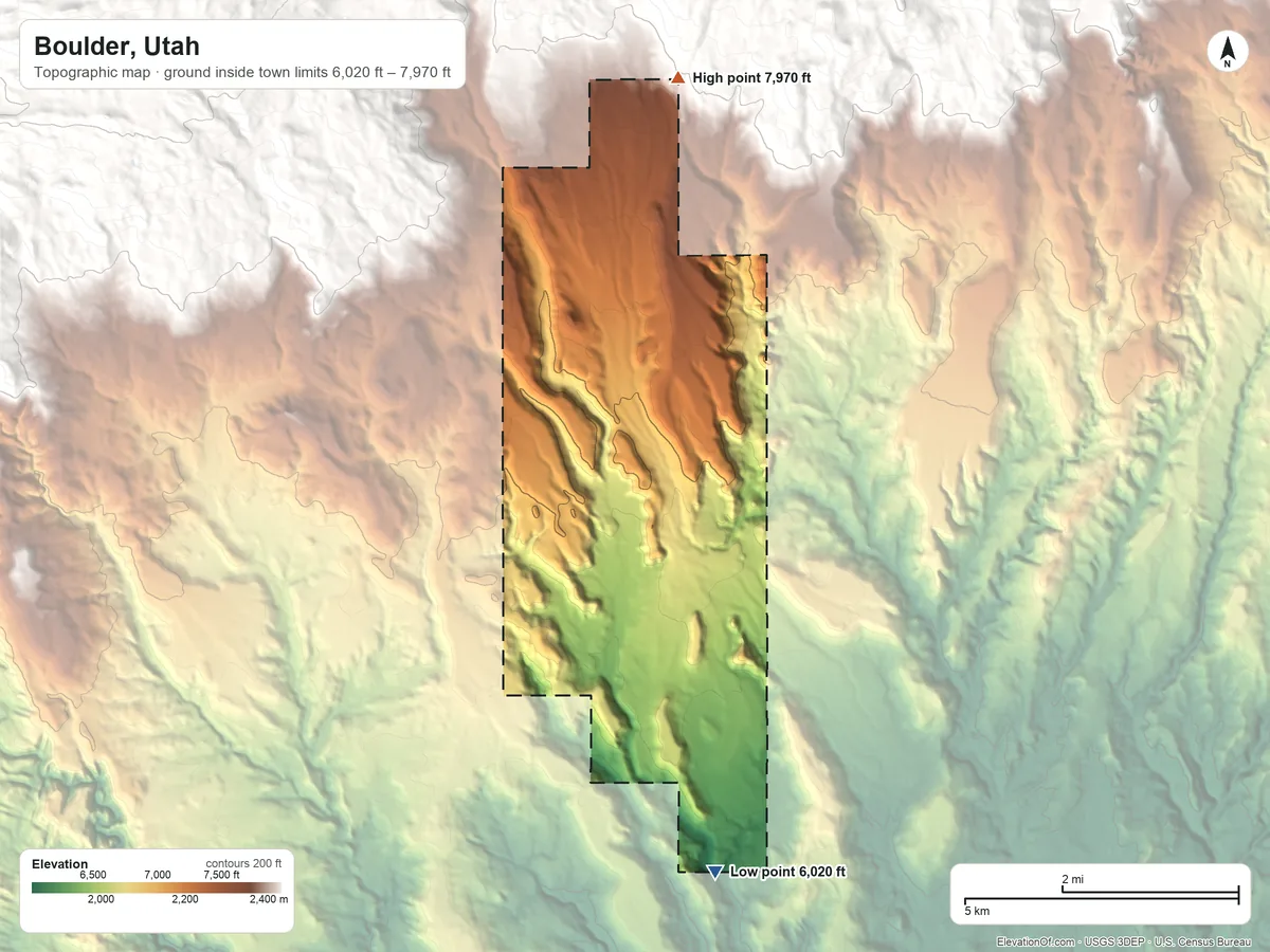 Topographic elevation map of Boulder, Utah, shaded from 6,020 ft on the south side to 7,970 ft at the foot of the The Potholes