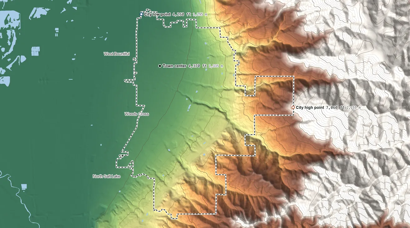 Topographic elevation map of Bountiful, Utah, shaded from 4,260 ft on the north side to 7,060 ft at the foot of the Sessions Mountains