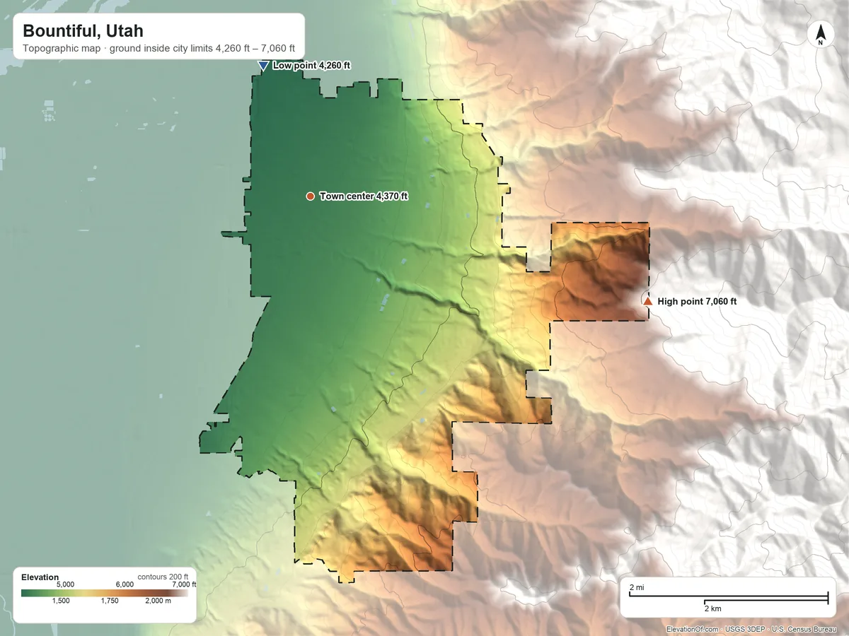 Topographic elevation map of Bountiful, Utah, shaded from 4,260 ft on the north side to 7,060 ft at the foot of the Sessions Mountains
