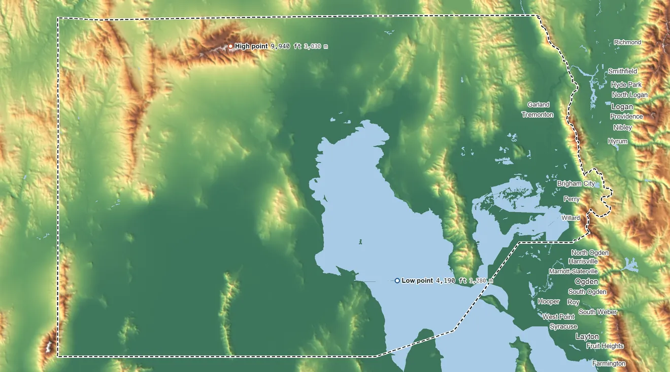 Topographic elevation map of Box Elder County, Utah, shaded from 4,190 ft on the southeast side to 9,940 ft on the northwest side