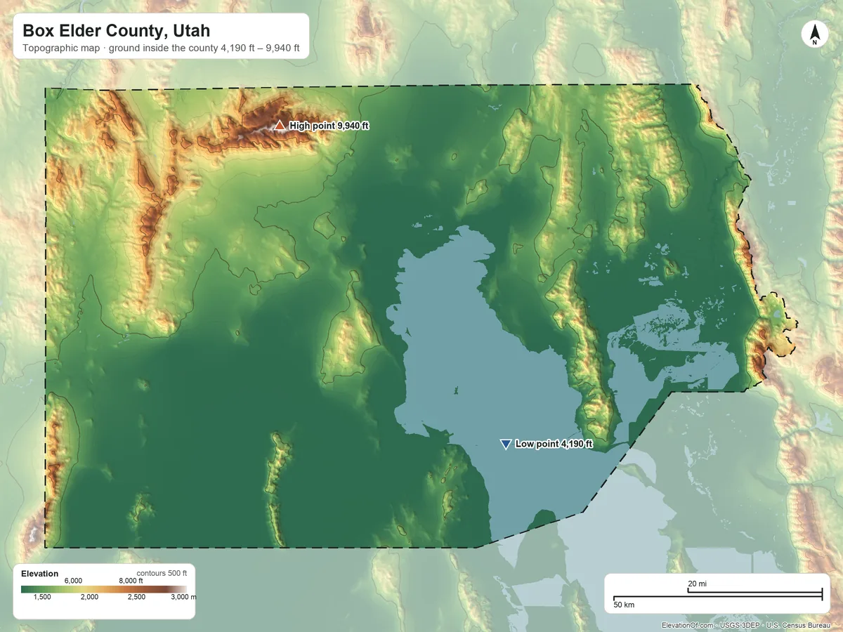 Topographic elevation map of Box Elder County, Utah, shaded from 4,190 ft on the southeast side to 9,940 ft on the northwest side