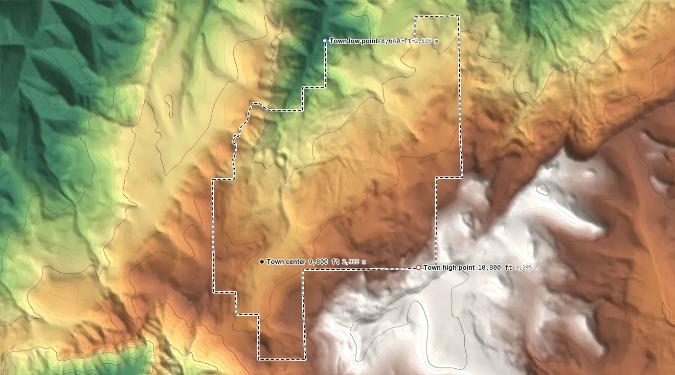 Topographic elevation map of Brian Head, Utah, shaded from 8,640 ft on the north side to 10,800 ft on the east edge, below higher ground just outside