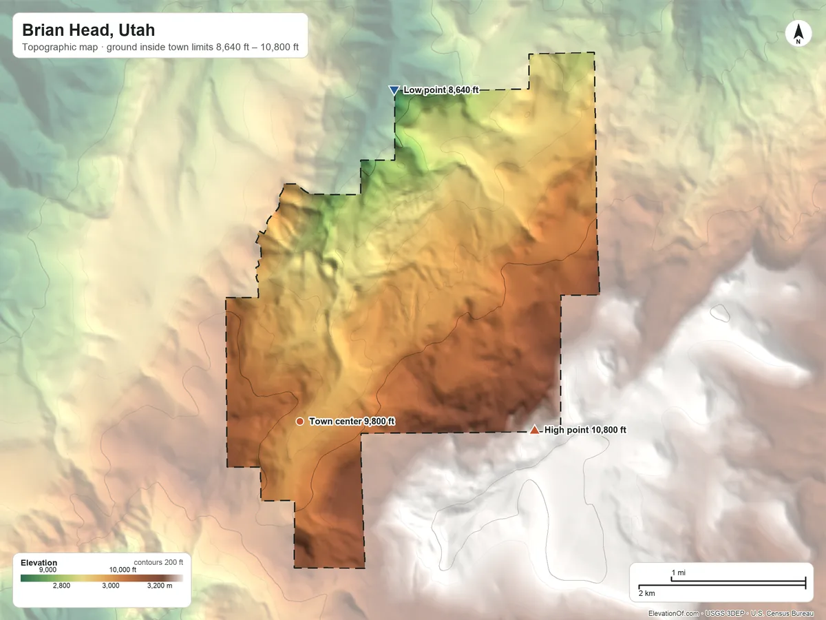 Topographic elevation map of Brian Head, Utah, shaded from 8,640 ft on the north side to 10,800 ft on the east edge, below higher ground just outside