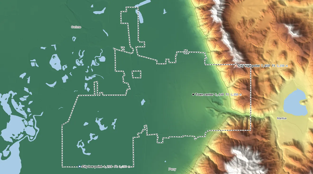 Topographic elevation map of Brigham City, Utah, shaded from 4,210 ft on the southwest side to 7,050 ft on the northeast side