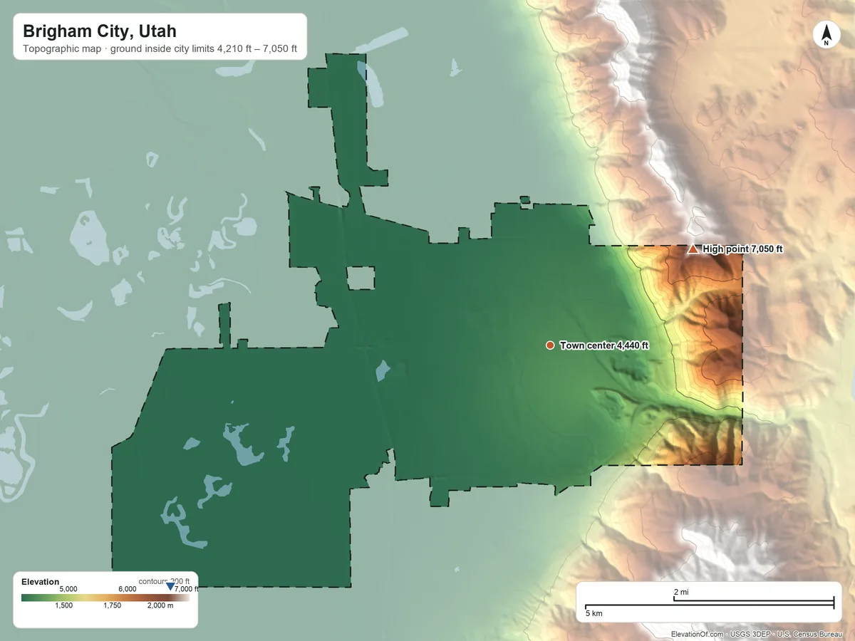Topographic elevation map of Brigham City, Utah, shaded from 4,210 ft on the southwest side to 7,050 ft on the northeast side