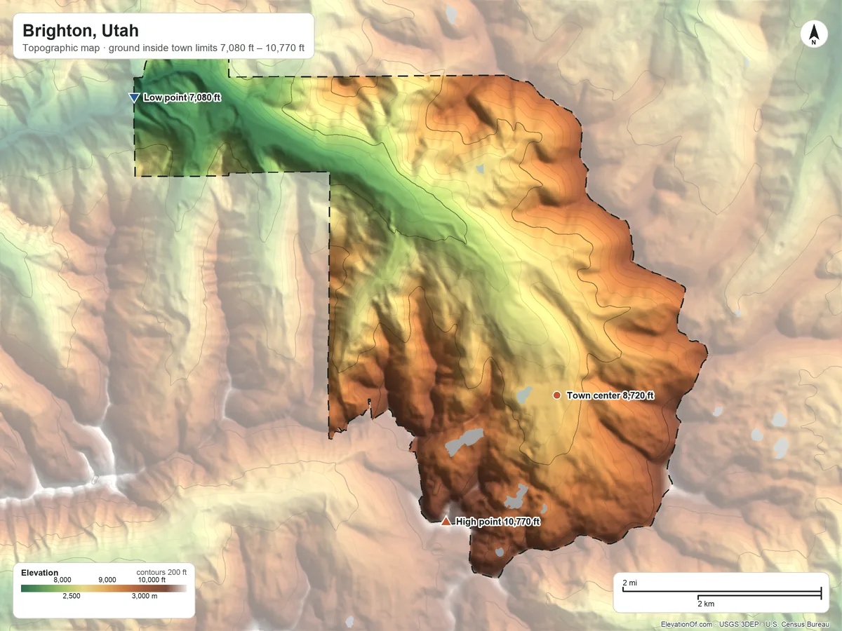 Topographic elevation map of Brighton, Utah, shaded from 7,080 ft on the northwest side to 10,770 ft on Mount Wolverine