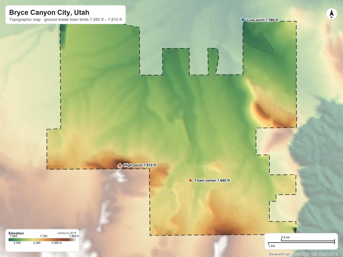 Topographic elevation map of Bryce Canyon City, Utah, shaded from 7,580 ft on the north side to 7,810 ft on the west side