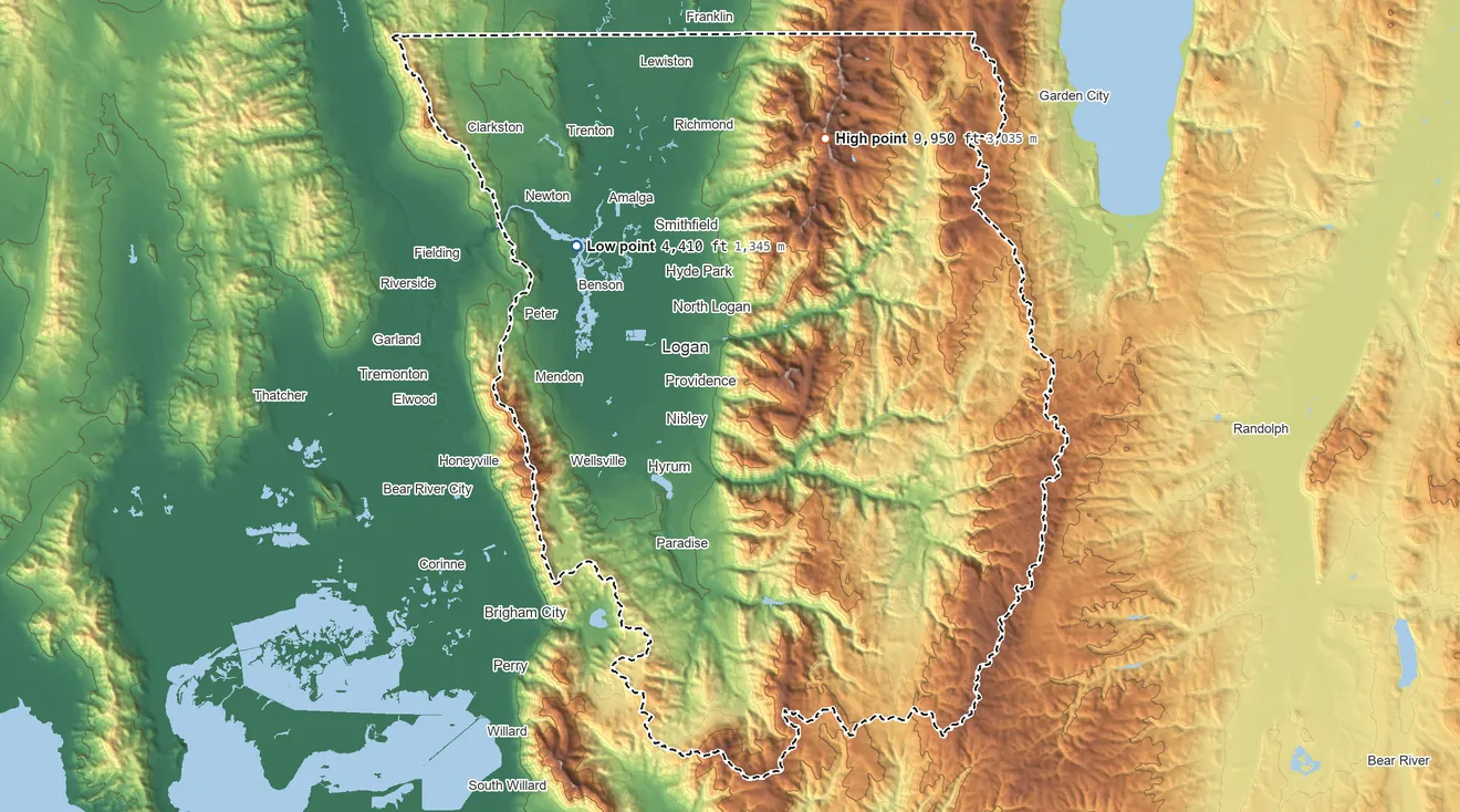 Topographic elevation map of Cache County, Utah, shaded from 4,410 ft on the northwest side to 9,950 ft on Naomi Peak
