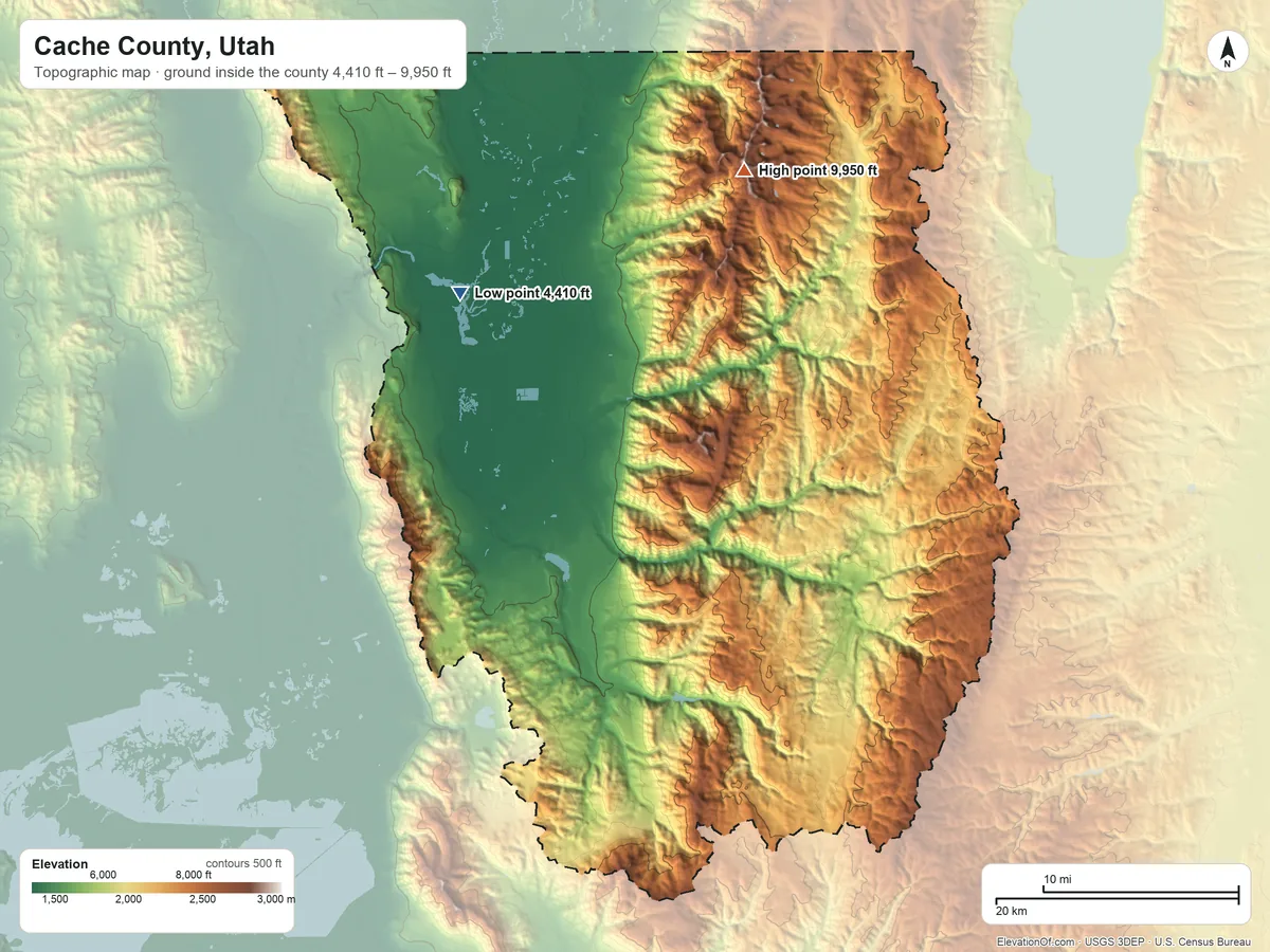 Topographic elevation map of Cache County, Utah, shaded from 4,410 ft on the northwest side to 9,950 ft on Naomi Peak