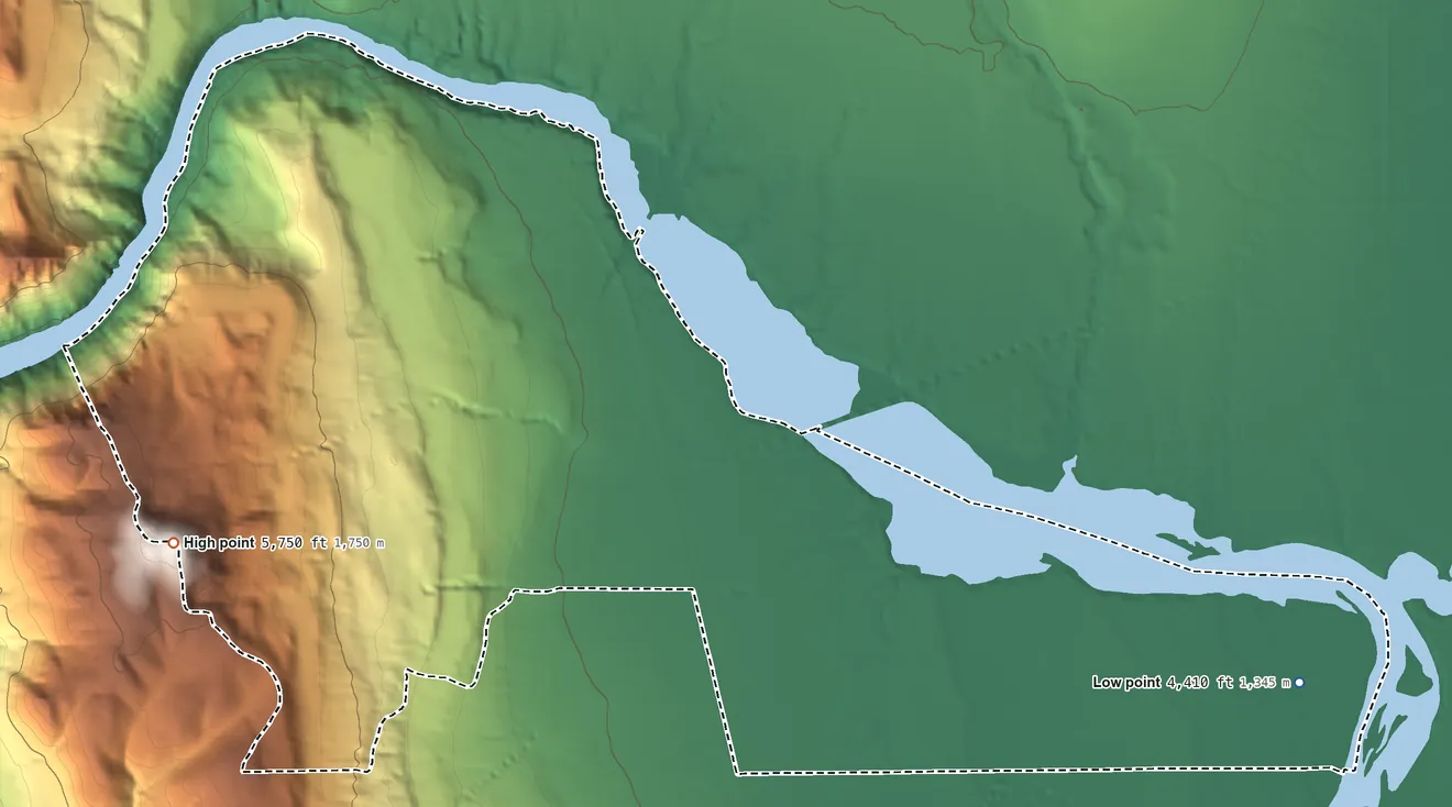 Topographic elevation map of Cache, Utah, shaded from 4,410 ft on the east side to 5,750 ft on the west side