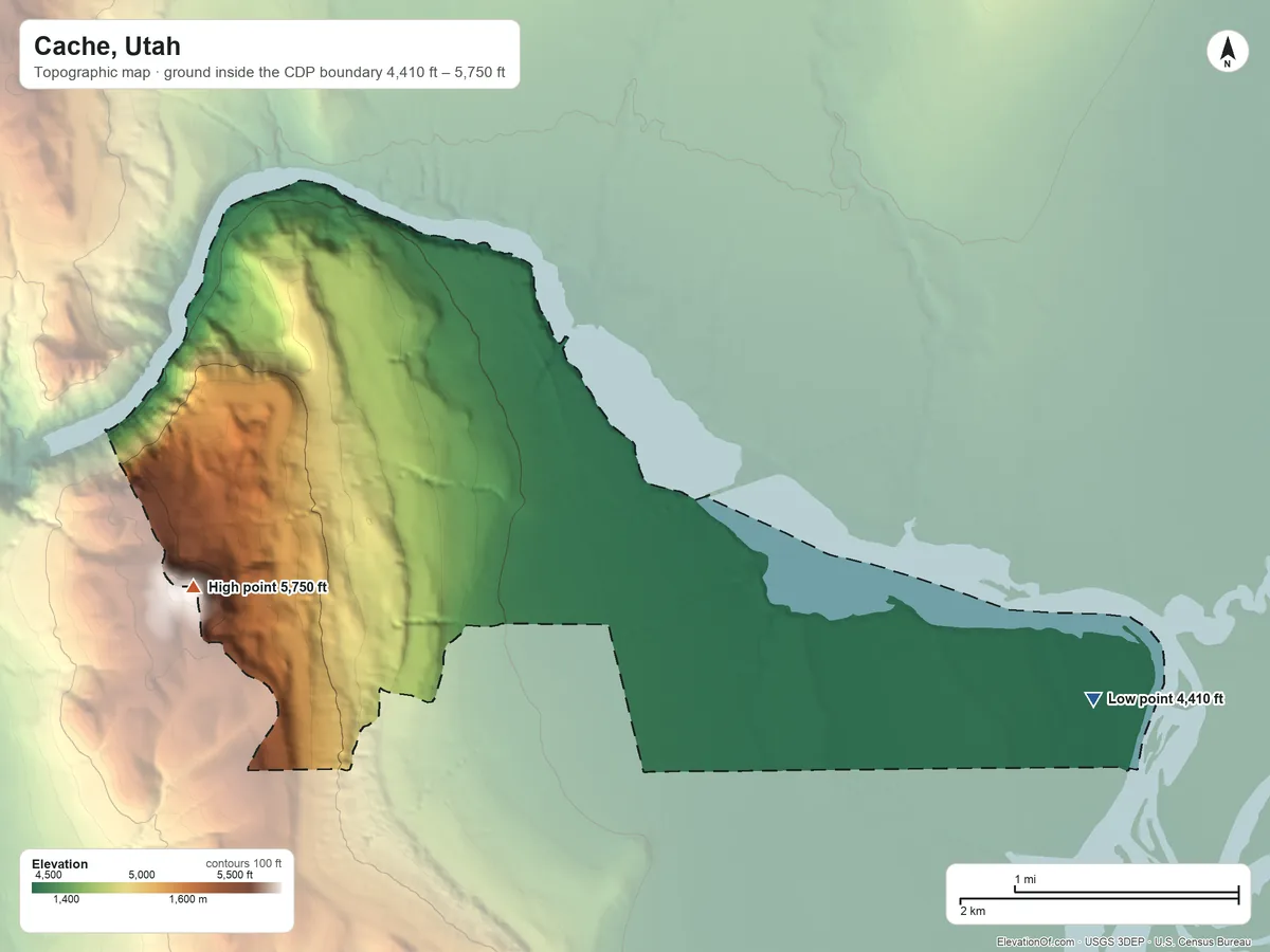 Topographic elevation map of Cache, Utah, shaded from 4,410 ft on the east side to 5,750 ft on the west side