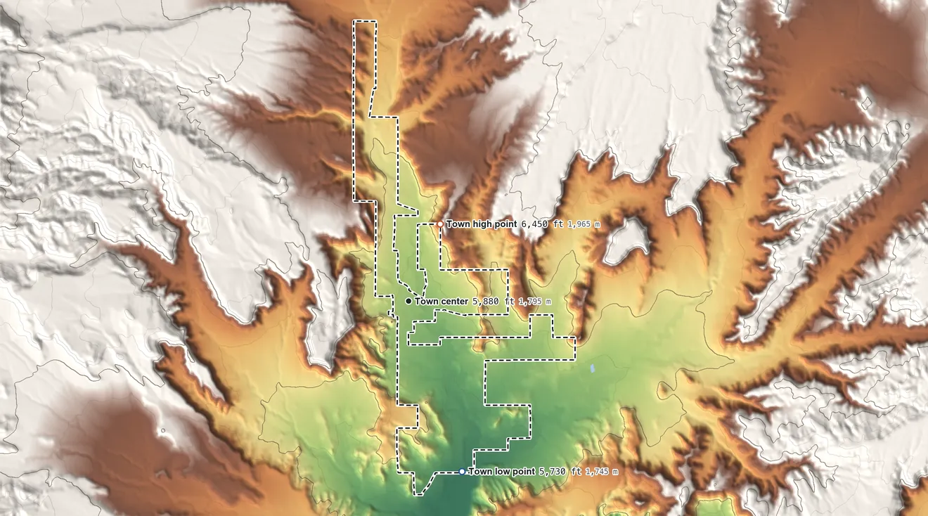 Topographic elevation map of Cannonville, Utah, shaded from 5,730 ft on the south side to 6,450 ft on the north side
