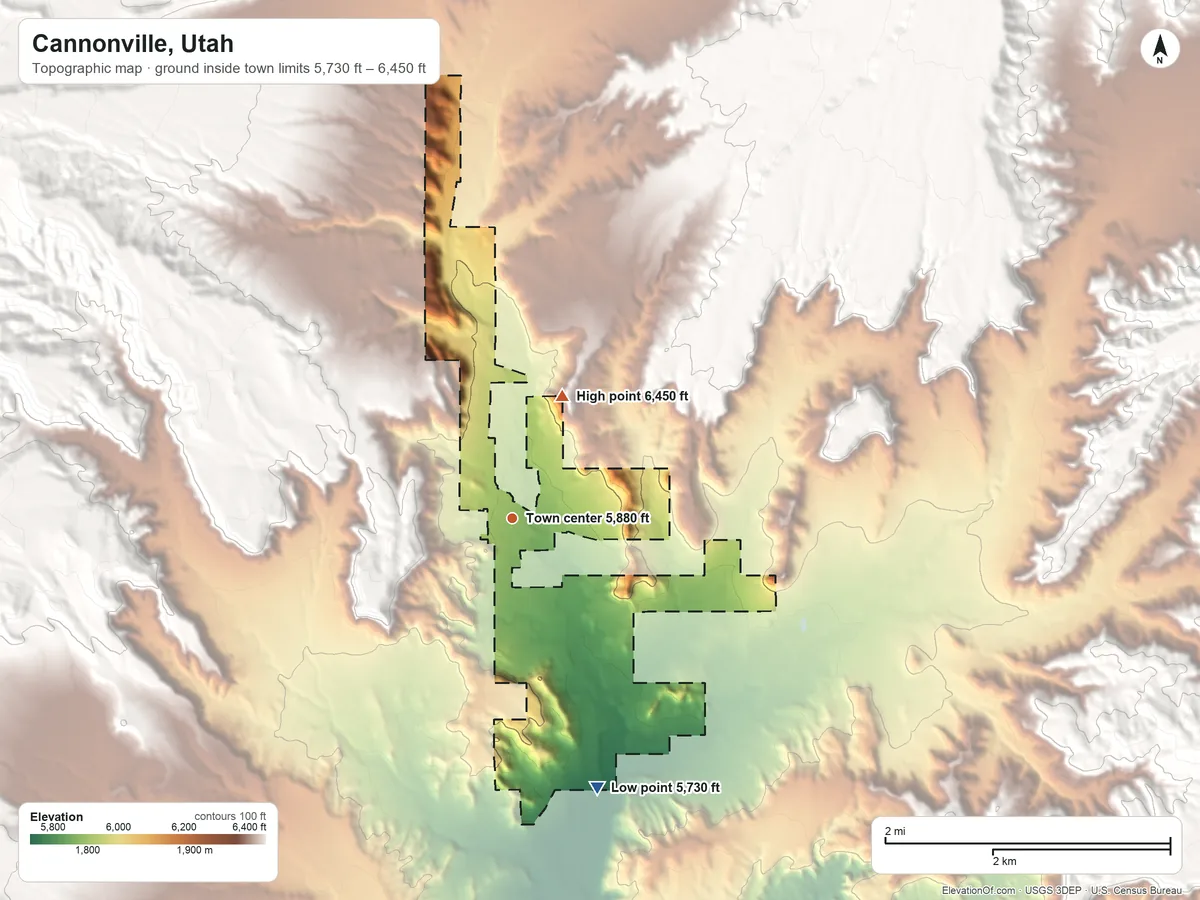 Topographic elevation map of Cannonville, Utah, shaded from 5,730 ft on the south side to 6,450 ft on the north side