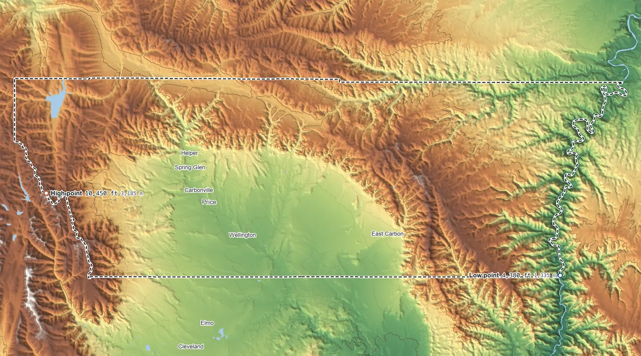 Topographic elevation map of Carbon County, Utah, shaded from 4,380 ft on the east side to 10,450 ft on Monument Peak