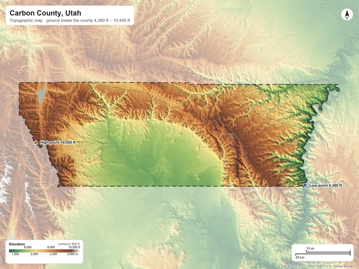 Topographic elevation map of Carbon County, Utah, shaded from 4,380 ft on the east side to 10,450 ft on Monument Peak