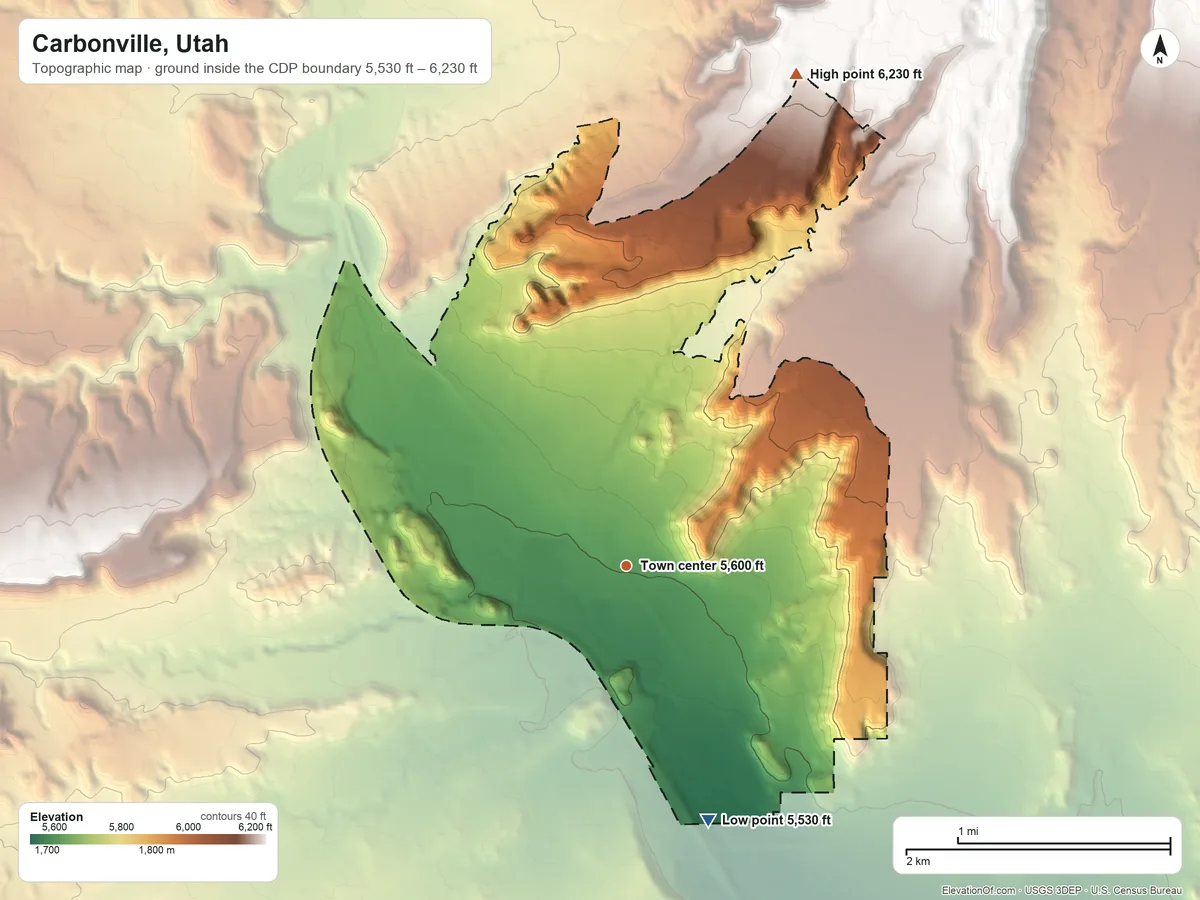 Topographic elevation map of Carbonville, Utah, shaded from 5,530 ft on the south side to 6,230 ft on the north edge, below higher ground just outside