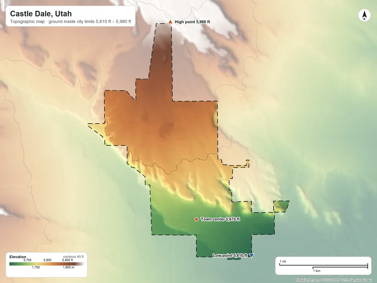 Topographic elevation map of Castle Dale, Utah, shaded from 5,610 ft on the southeast side to 5,980 ft on the north side