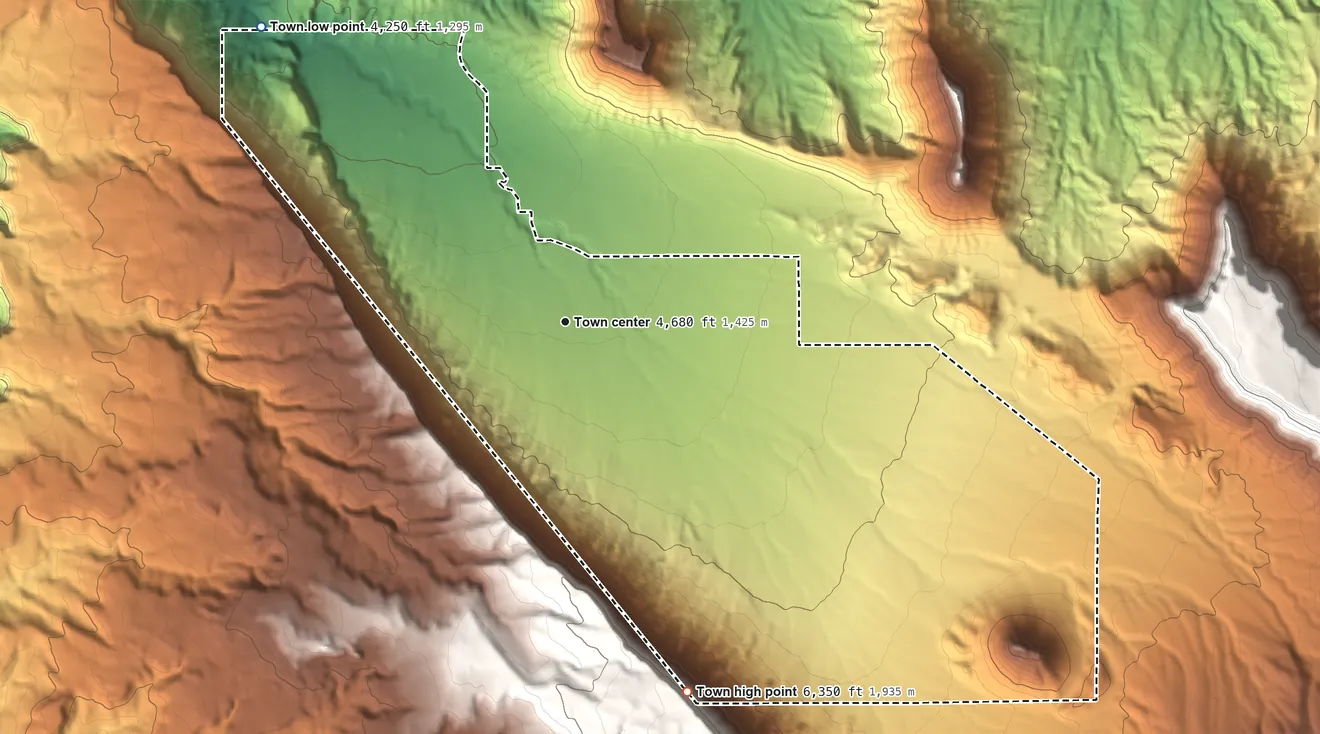 Topographic elevation map of Castle Valley, Utah, shaded from 4,250 ft on the northwest side to 6,350 ft at the foot of the La Sal Mountains
