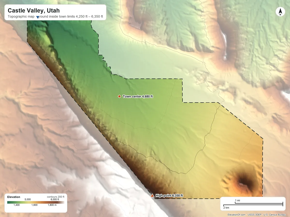 Topographic elevation map of Castle Valley, Utah, shaded from 4,250 ft on the northwest side to 6,350 ft at the foot of the La Sal Mountains