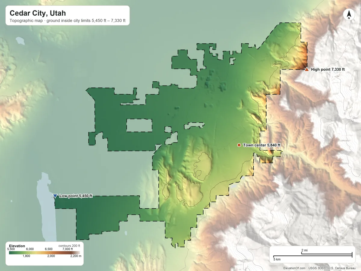 Topographic elevation map of Cedar City, Utah, shaded from 5,450 ft on the west side to 7,330 ft on the northeast edge, below higher ground just outside