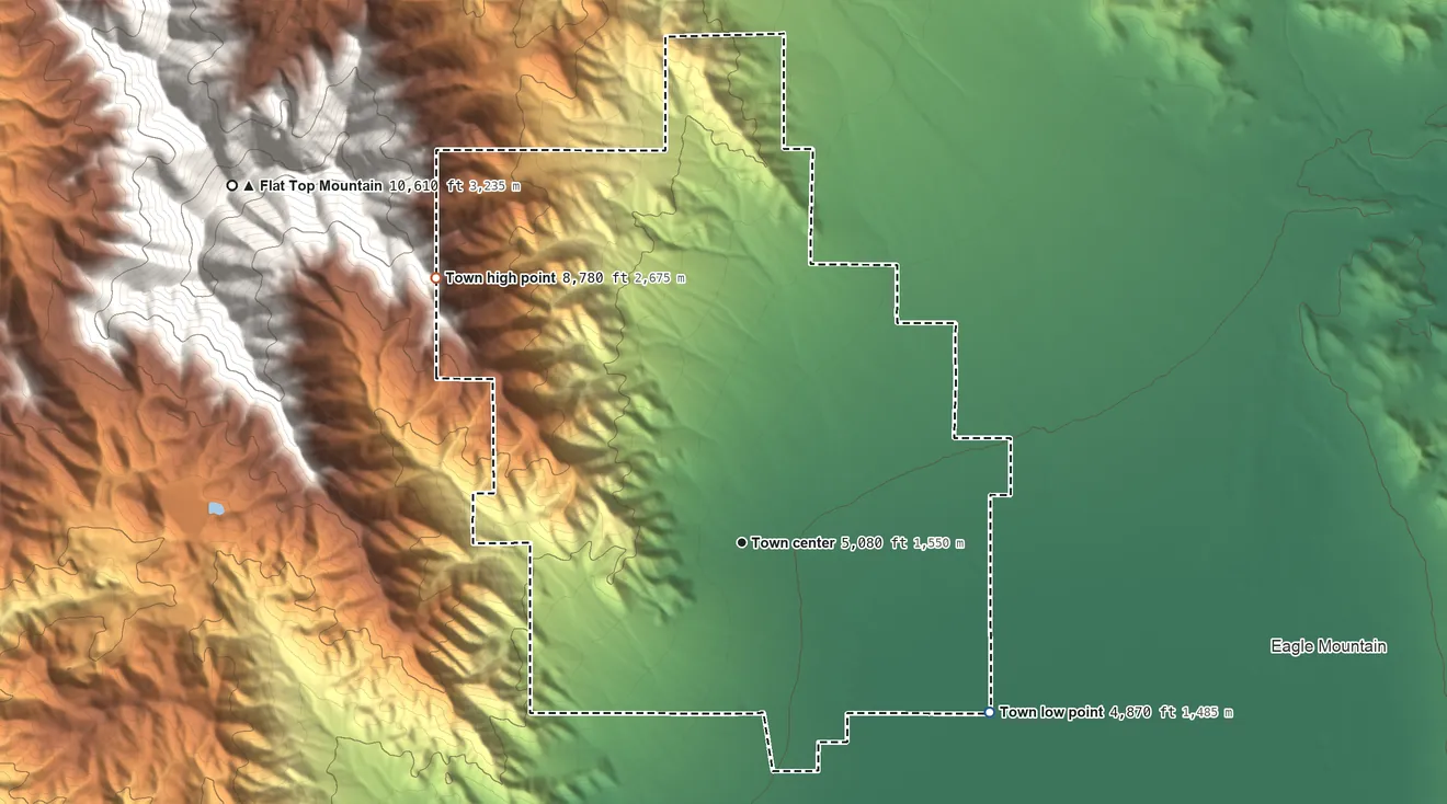 Topographic elevation map of Cedar Fort, Utah, shaded from 4,870 ft on the southeast side to 8,780 ft at the foot of the Oquirrh Mountains