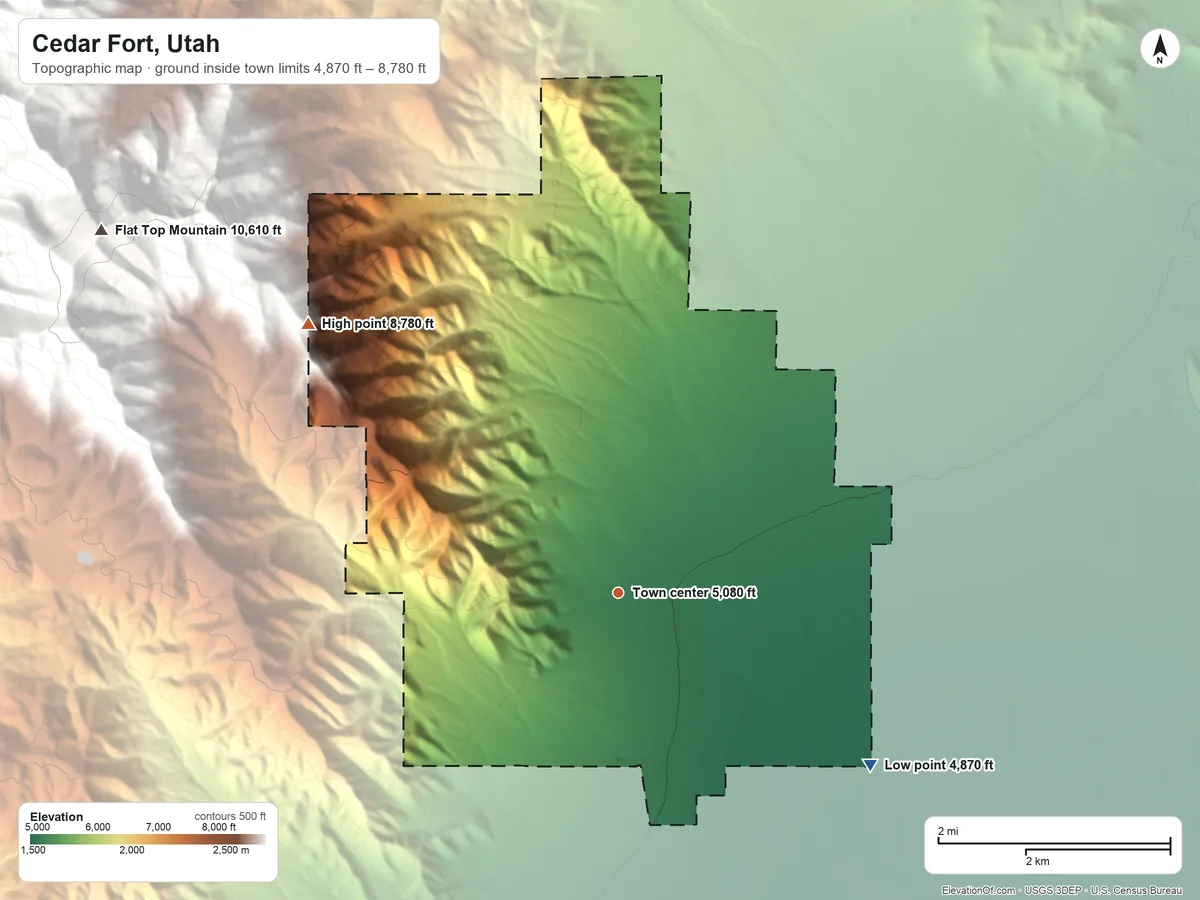 Topographic elevation map of Cedar Fort, Utah, shaded from 4,870 ft on the southeast side to 8,780 ft at the foot of the Oquirrh Mountains