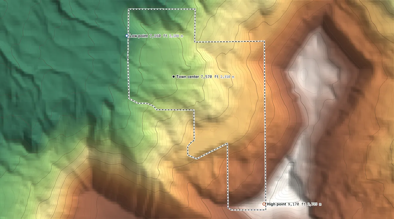 Topographic elevation map of Cedar Highlands, Utah, shaded from 7,160 ft on the northwest side to 9,170 ft on the southeast side
