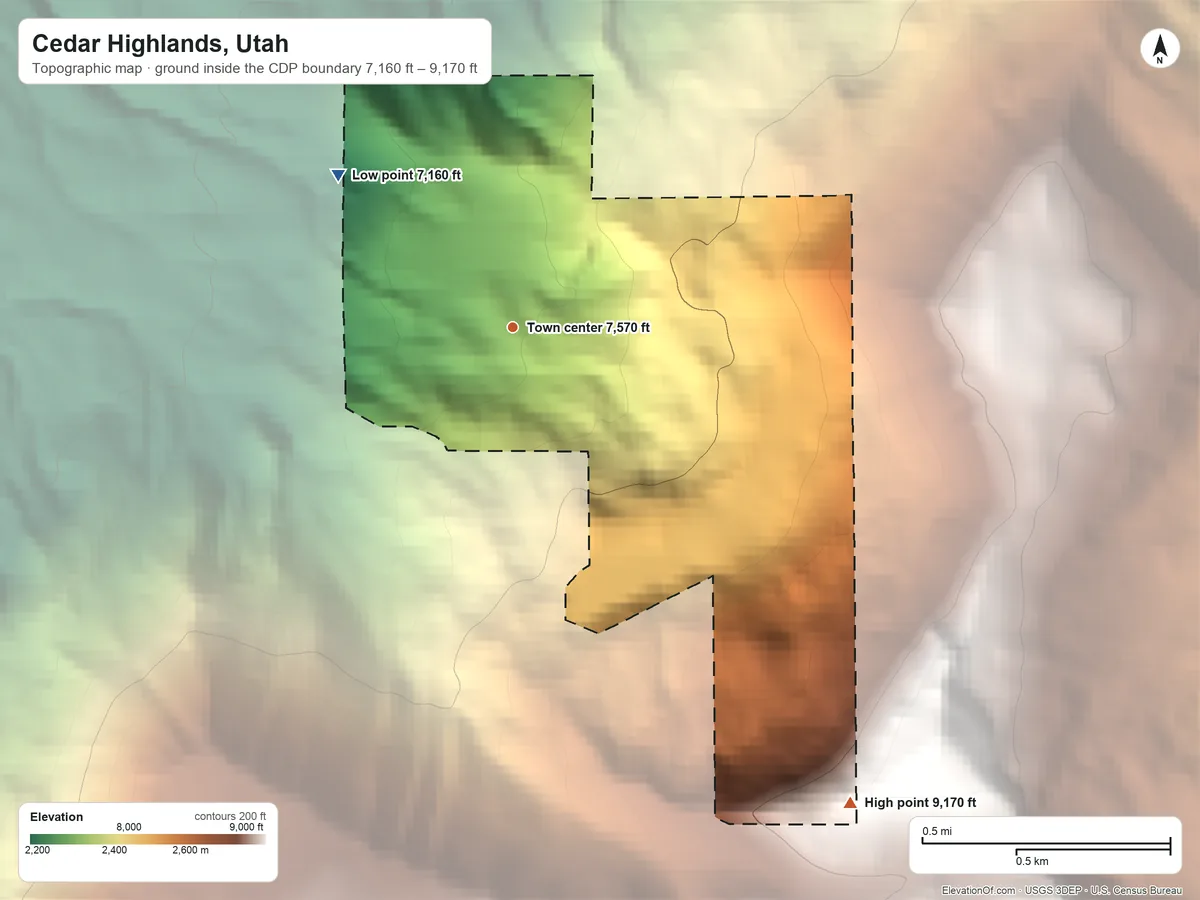 Topographic elevation map of Cedar Highlands, Utah, shaded from 7,160 ft on the northwest side to 9,170 ft on the southeast side