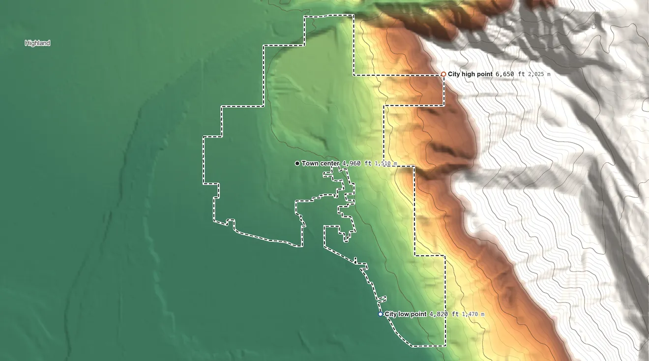 Topographic elevation map of Cedar Hills, Utah, shaded from 4,820 ft on the southeast side to 6,650 ft at the foot of the Traverse Mountains