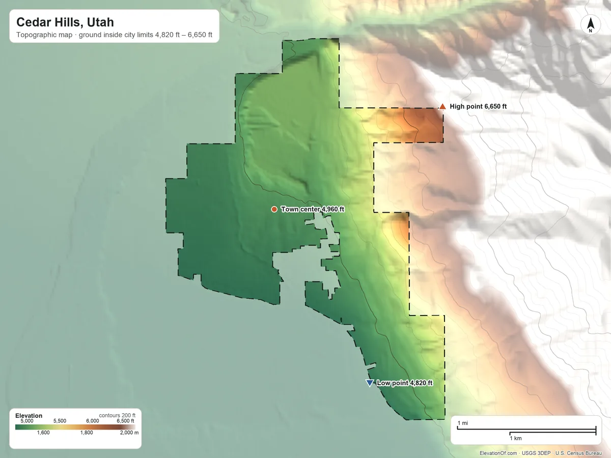Topographic elevation map of Cedar Hills, Utah, shaded from 4,820 ft on the southeast side to 6,650 ft at the foot of the Traverse Mountains