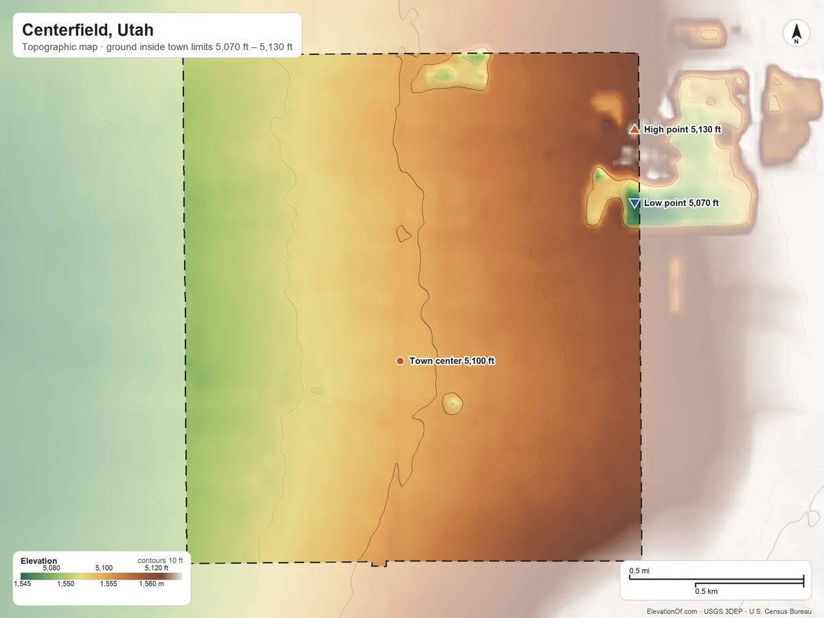 Topographic elevation map of Centerfield, Utah, shaded from 5,070 ft on the northeast side to 5,130 ft on the northeast side