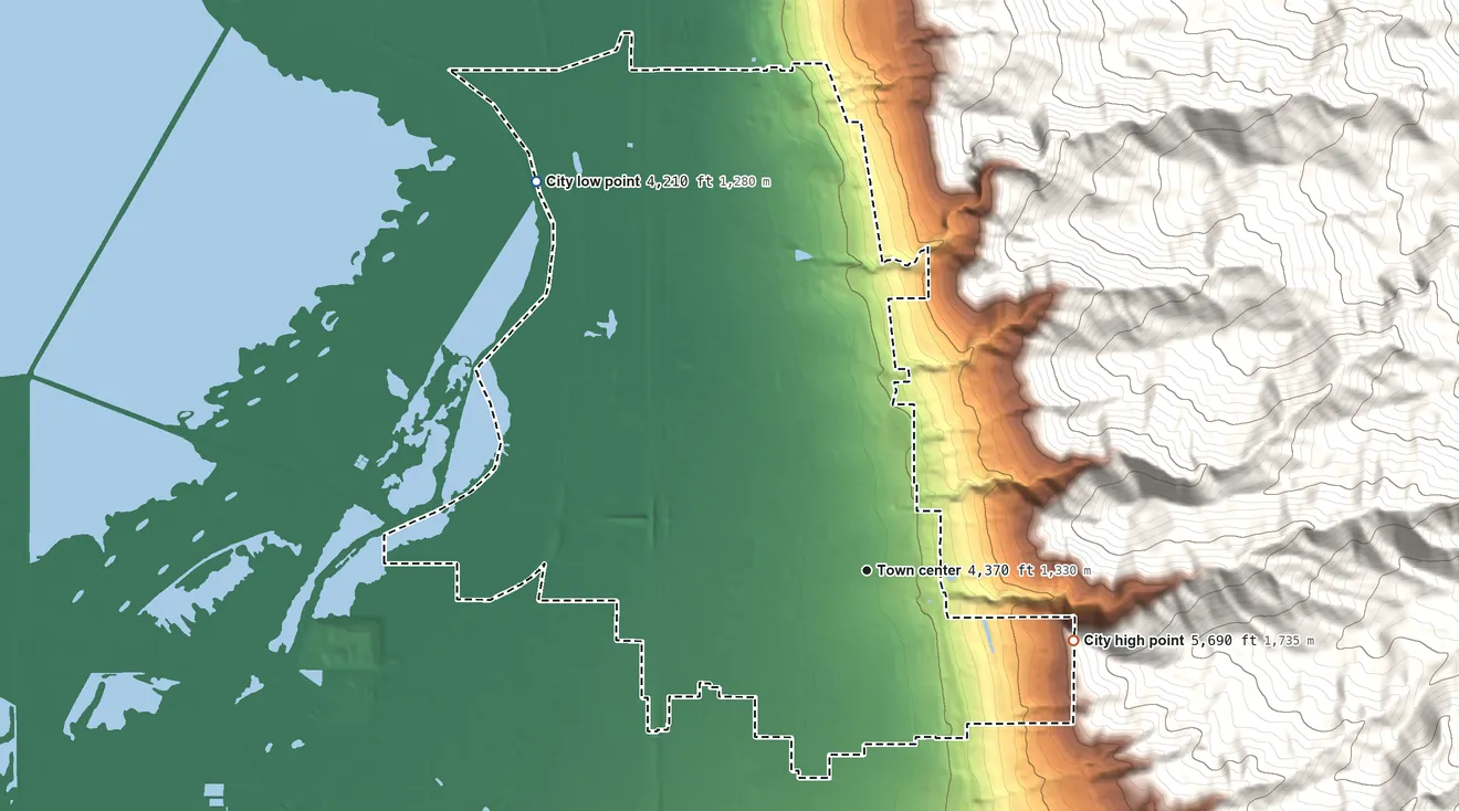 Topographic elevation map of Centerville, Utah, shaded from 4,210 ft on the northwest side to 5,690 ft at the foot of the Sessions Mountains