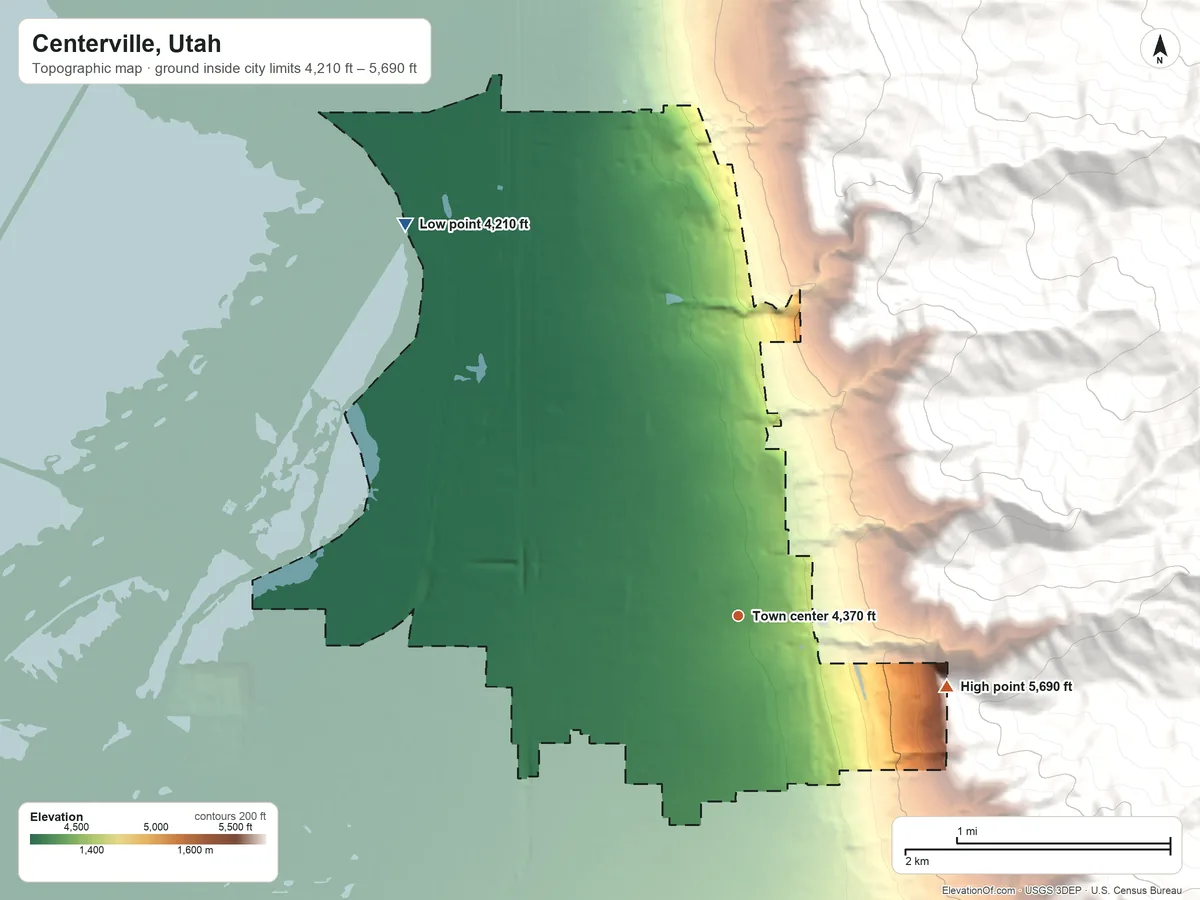 Topographic elevation map of Centerville, Utah, shaded from 4,210 ft on the northwest side to 5,690 ft at the foot of the Sessions Mountains