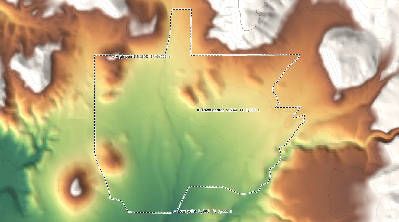 Topographic elevation map of Central, Utah, shaded from 5,080 ft on the south side to 5,590 ft at the foot of the Bull Valley Mountains