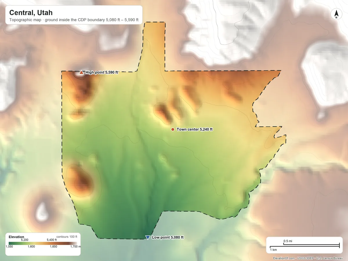 Topographic elevation map of Central, Utah, shaded from 5,080 ft on the south side to 5,590 ft at the foot of the Bull Valley Mountains