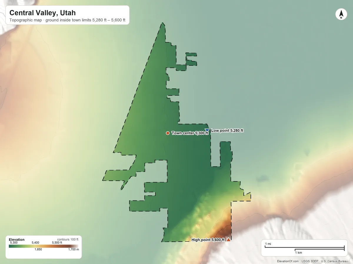 Topographic elevation map of Central Valley, Utah, shaded from 5,280 ft on the east side to 5,600 ft at the foot of the Antelope Range