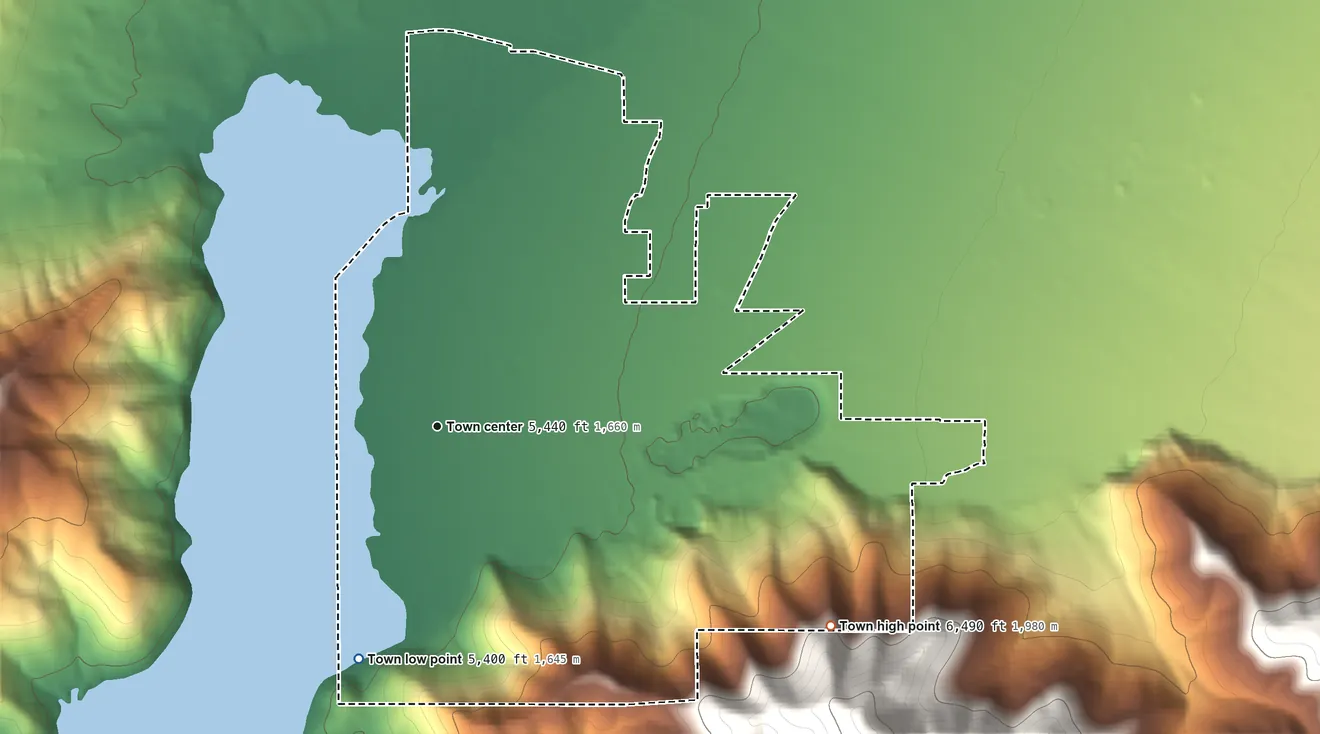 Topographic elevation map of Charleston, Utah, shaded from 5,400 ft on the south side to 6,490 ft at the foot of the The West Hills
